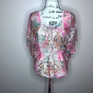 Floral mesh lace flutter top